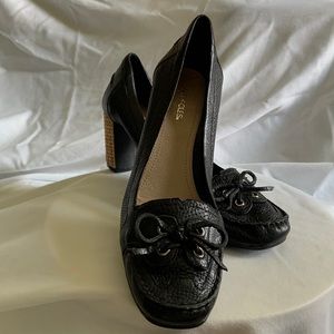 Moccasin  style high woven heel